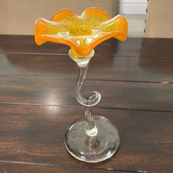 Art Glass Trumpet Candle Holder Swirled-Stem Flared-Rim Flower Orange Clear - Picture 1 of 5